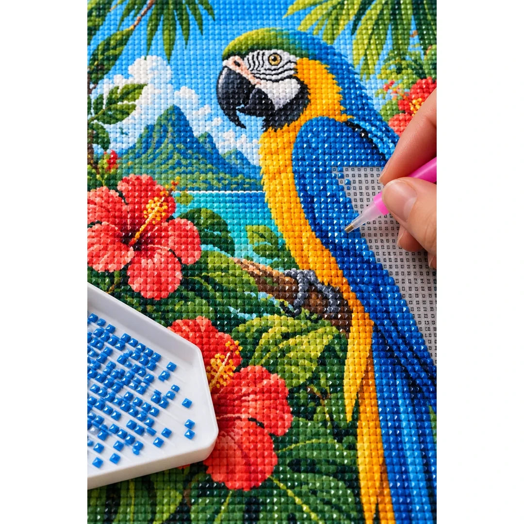 Tropical Macaw Hibiscus Diamond Painting Kit diamond placement process