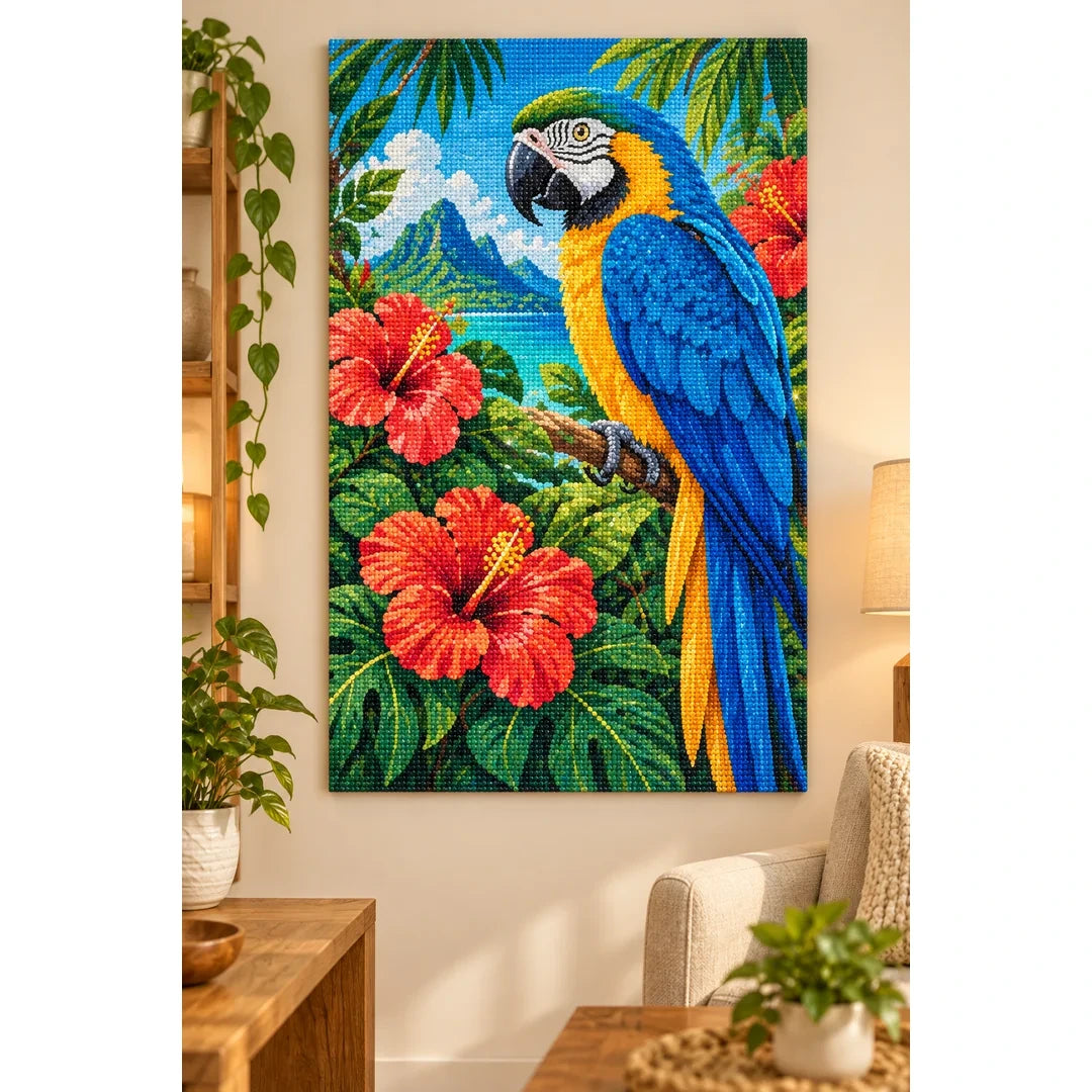 Tropical Macaw Hibiscus Diamond Painting Kit home decor scene