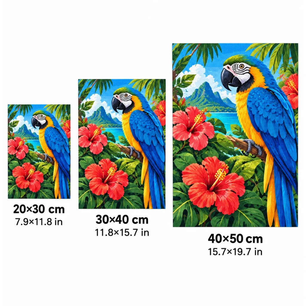 Tropical Macaw Hibiscus Diamond Painting Kit size guide