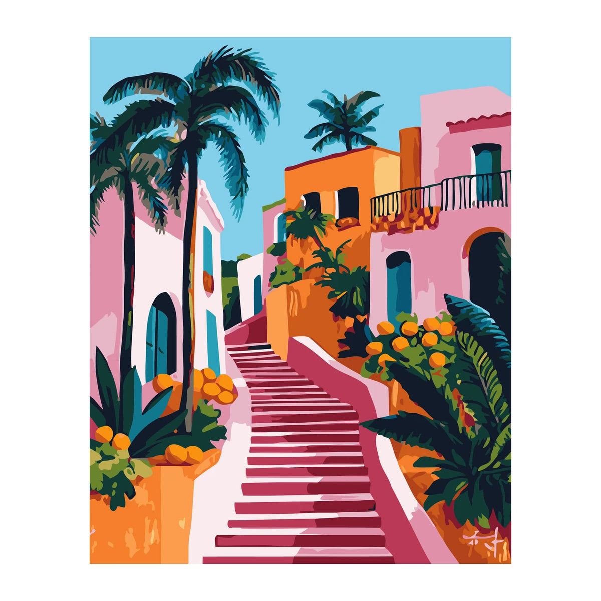 Tropical Pink Stairway completed artwork on a clean white background