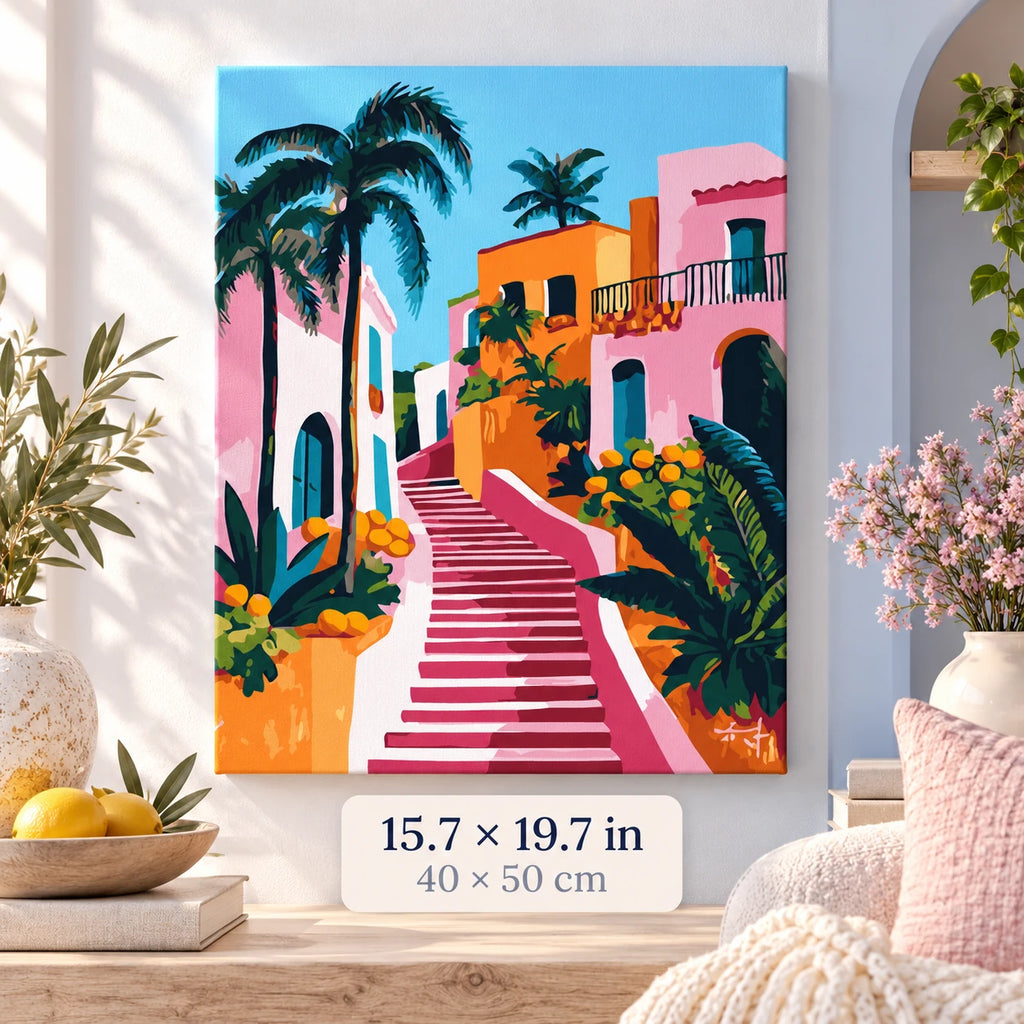 Tropical Pink Stairway shown in a styled room with 15.7 x 19.7 in and 40 x 50 cm dimensions