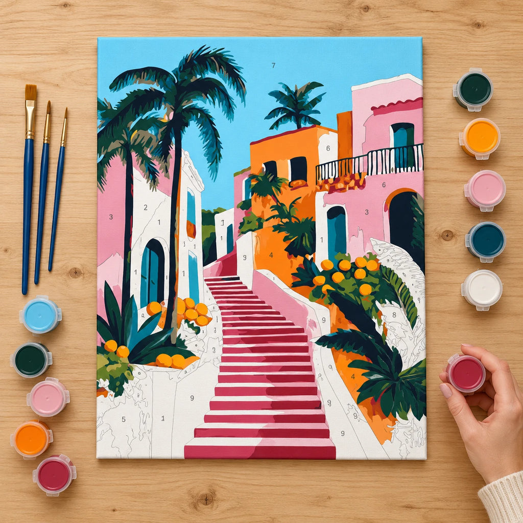 Complete Tropical Pink Stairway numbered canvas being painted with acrylic paints and brushes
