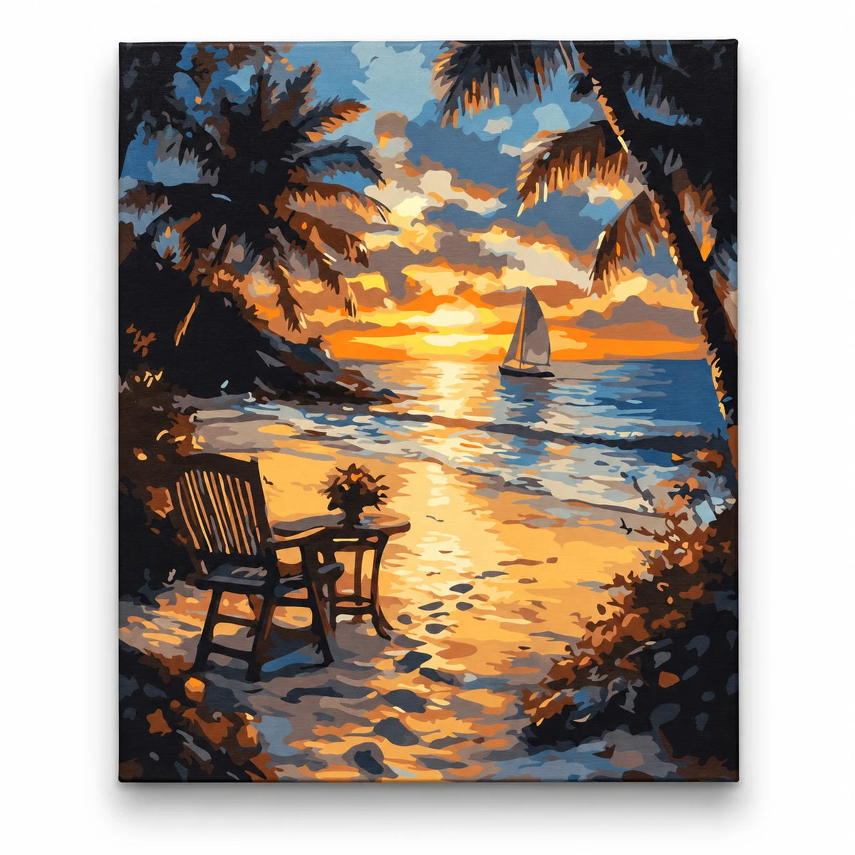 Tropical Sunset Sailboat paint by numbers artwork on a front-facing canvas against a white background