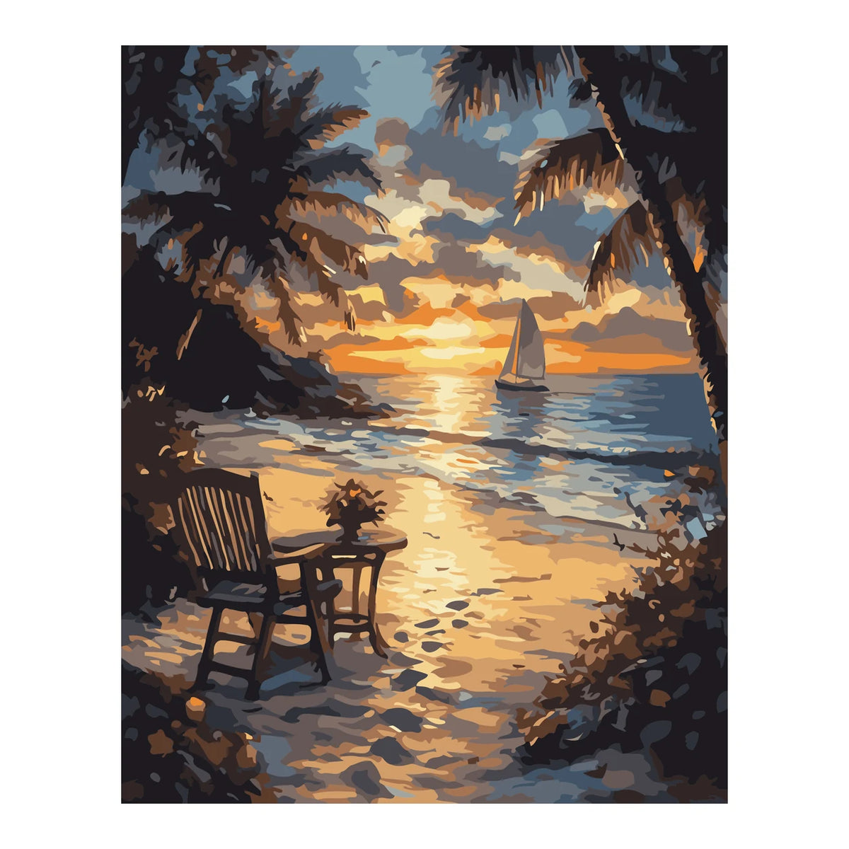 Tropical Sunset Sailboat completed artwork on a clean white background