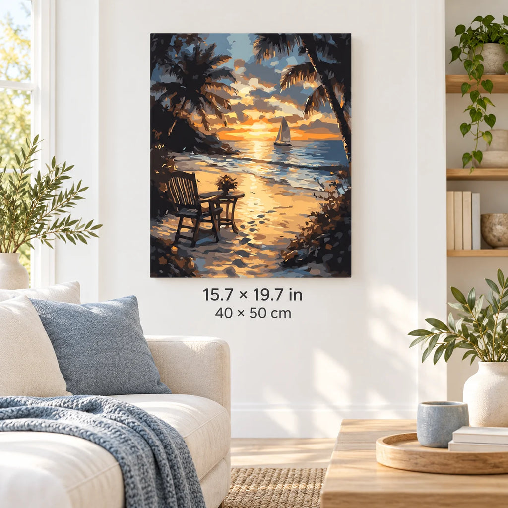 Tropical Sunset Sailboat shown in a styled room with 15.7 × 19.7 in and 40 × 50 cm dimensions