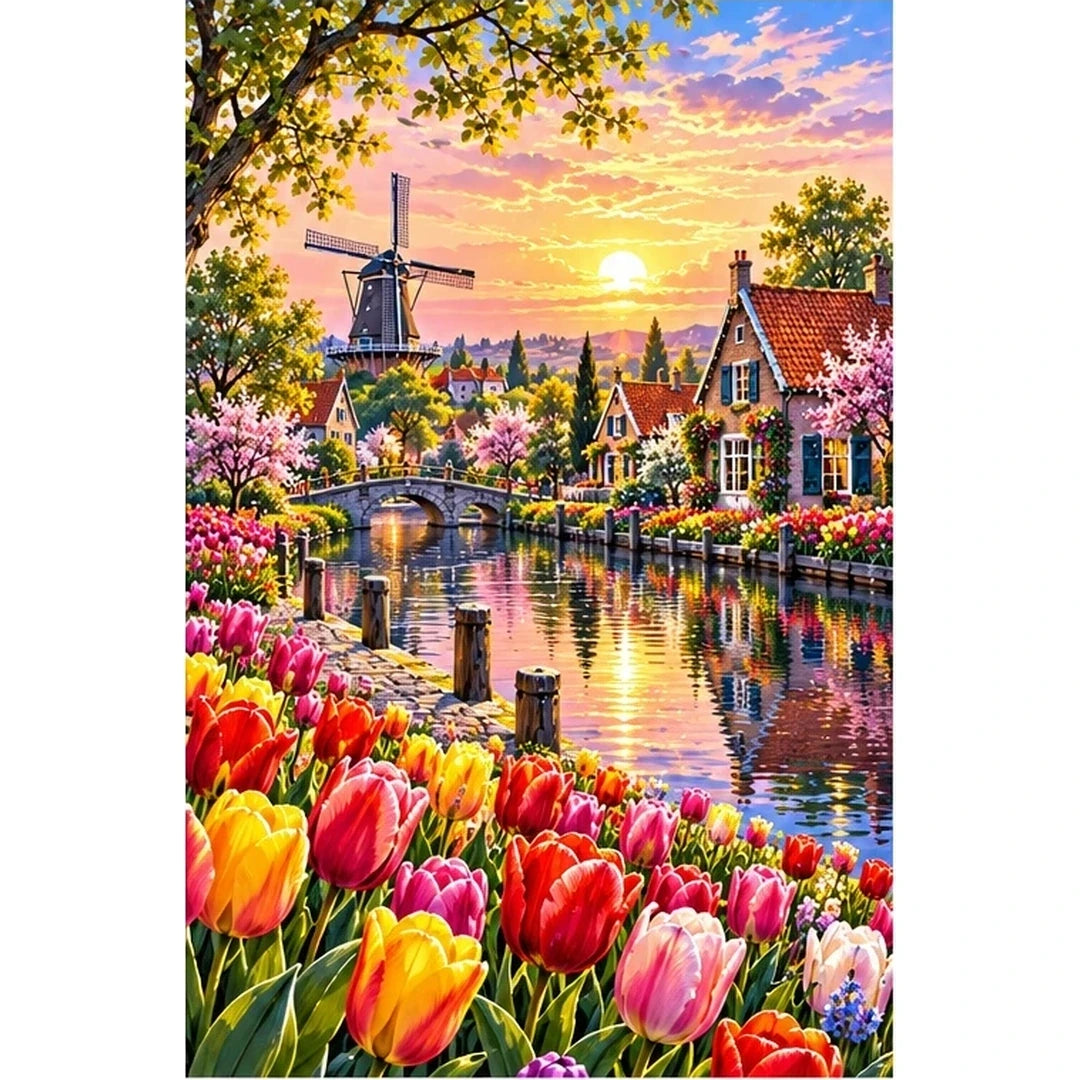 Tulip River Dutch Cottages — original artwork on a clean white background