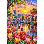 Tulip River Dutch Cottages — finished diamond painting on a white background