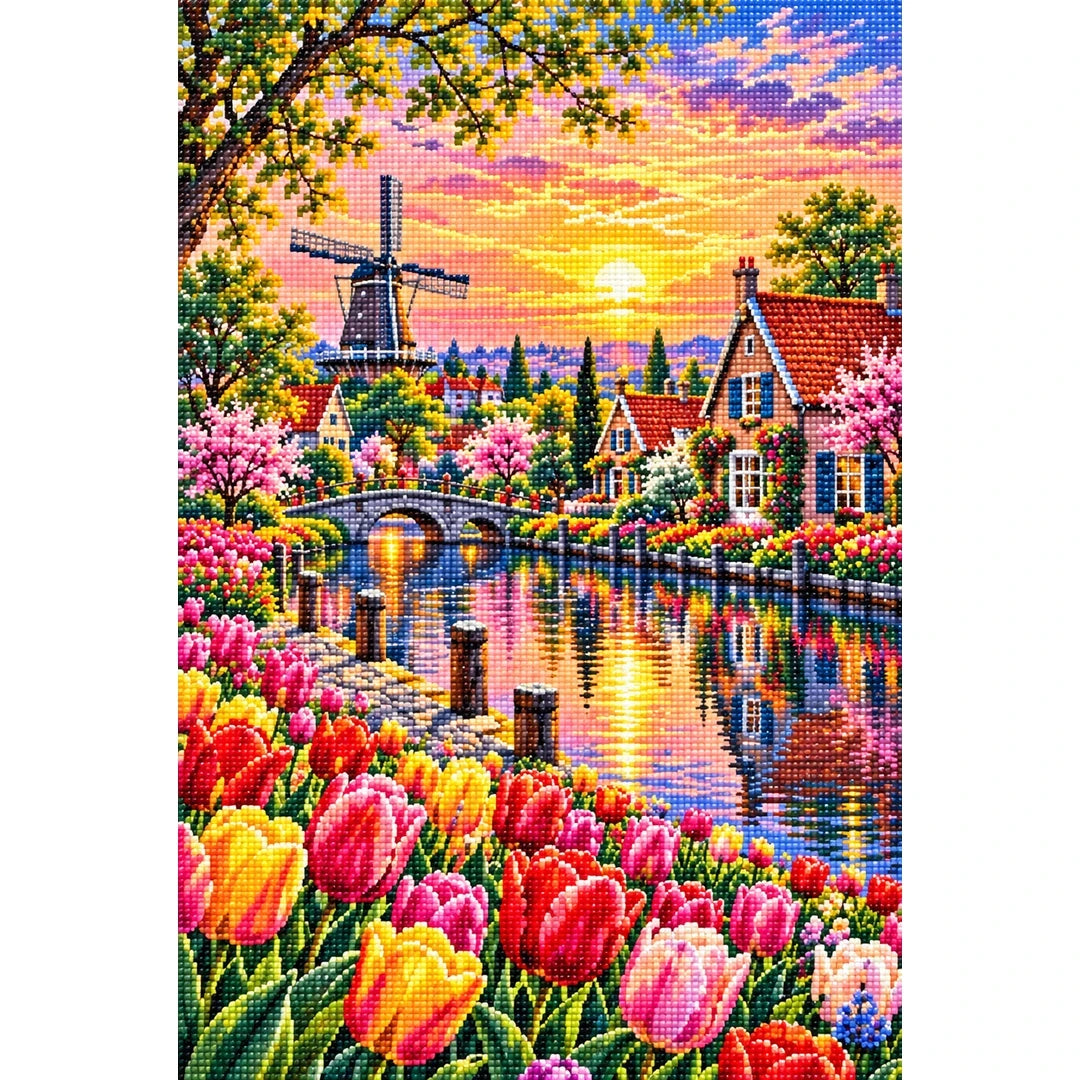 Tulip River Dutch Cottages — finished diamond painting on a white background