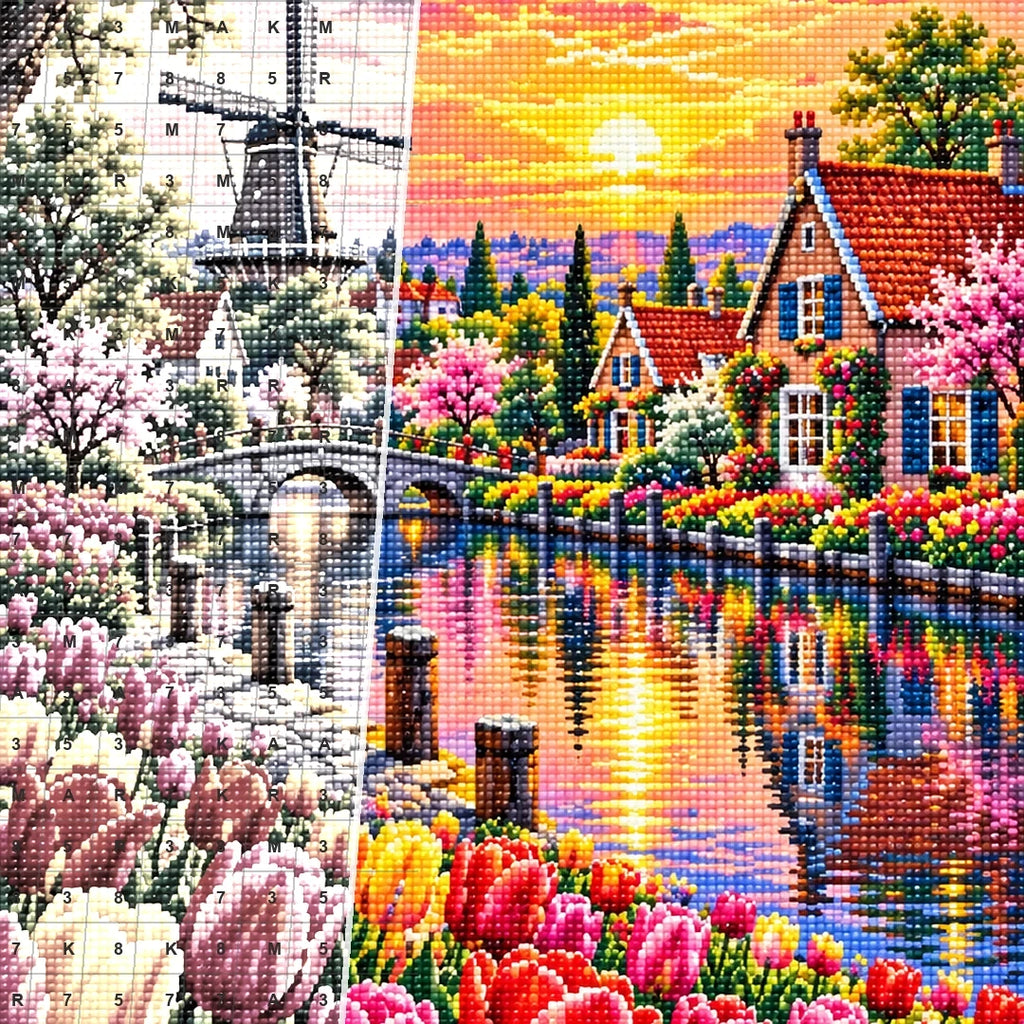 Tulip River Dutch Cottages — close-up canvas and resin drill detail