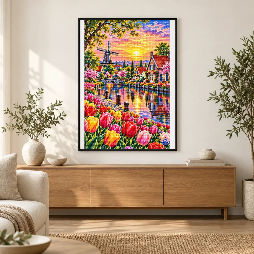 Tulip River Dutch Cottages — finished diamond painting displayed in a home interior