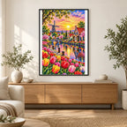 Tulip River Dutch Cottages — finished diamond painting displayed in a home interior