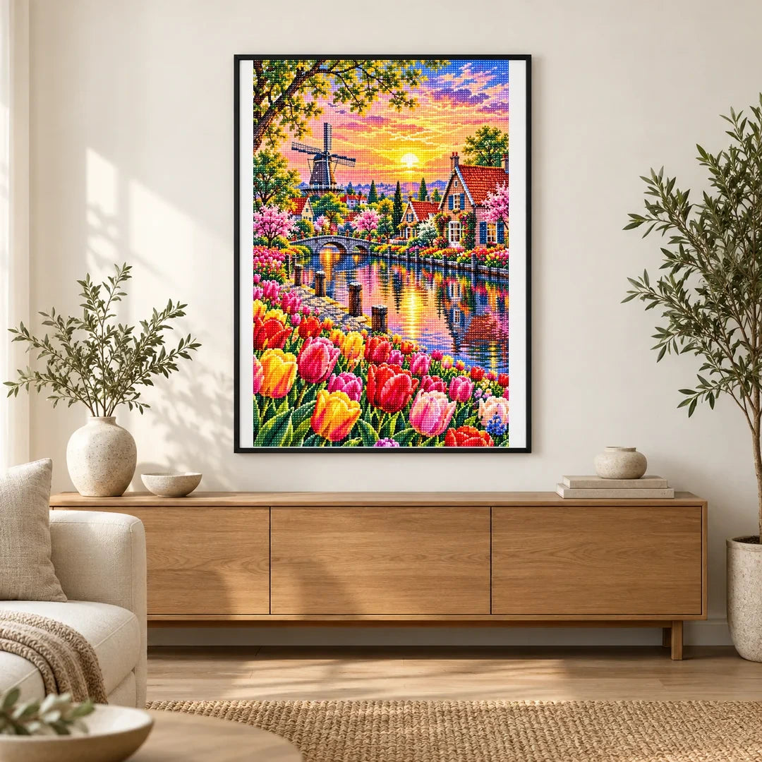 Tulip River Dutch Cottages — finished diamond painting displayed in a home interior