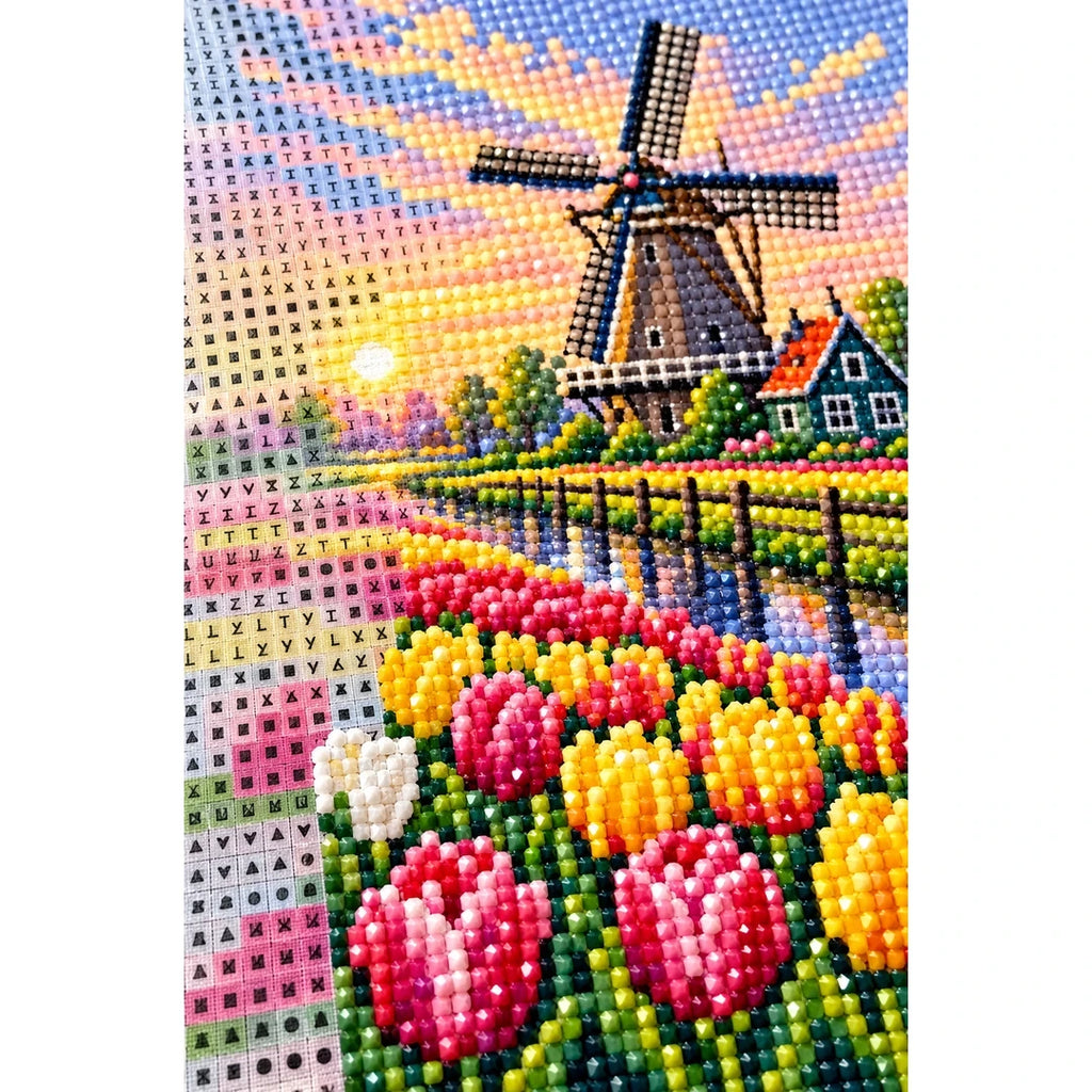 Tulip Windmill Sunset Diamond Painting Kit diamond and canvas detail