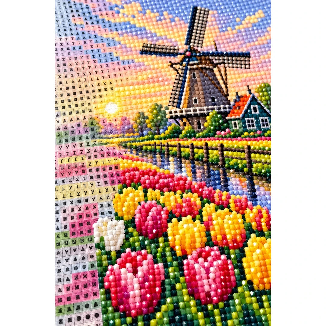 Tulip Windmill Sunset Diamond Painting Kit diamond and canvas detail