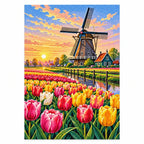 Tulip Windmill Sunset Diamond Painting Kit finished diamond artwork on white background
