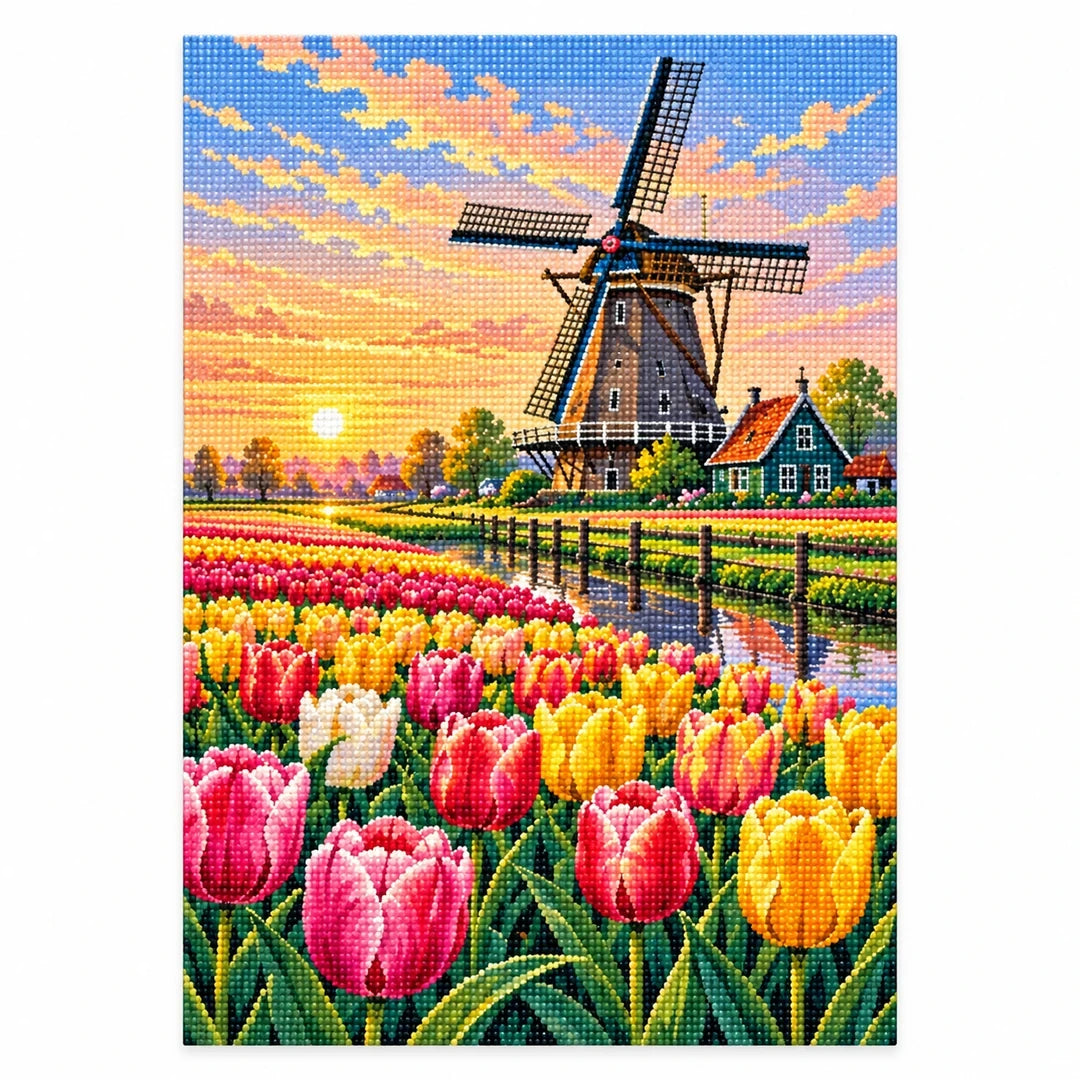Tulip Windmill Sunset Diamond Painting Kit finished diamond artwork on white background