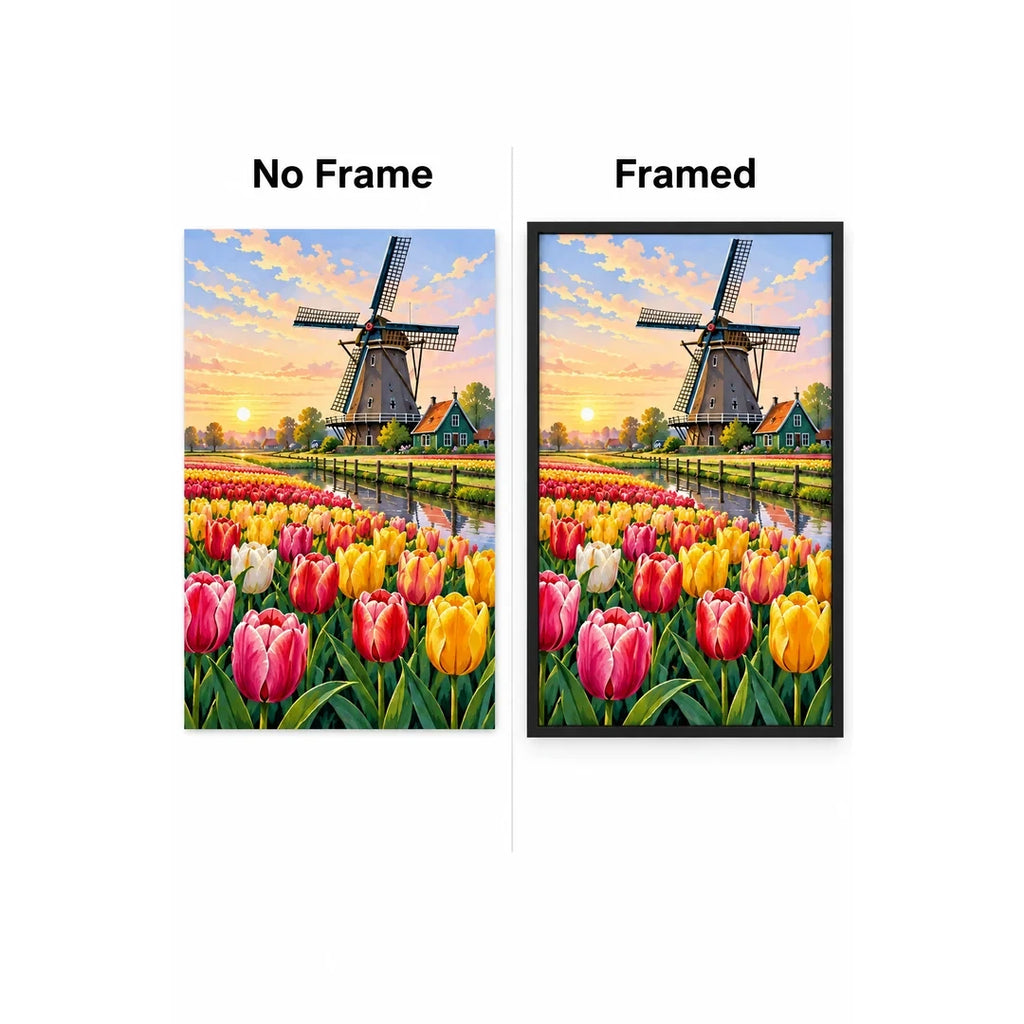 Tulip Windmill Sunset Diamond Painting Kit No Frame and Framed comparison