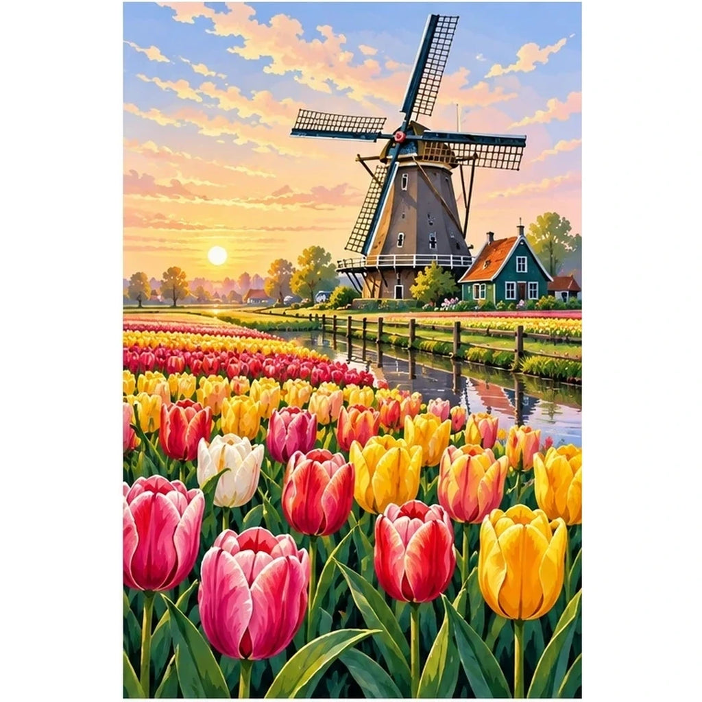 Tulip Windmill Sunset original artwork on white background