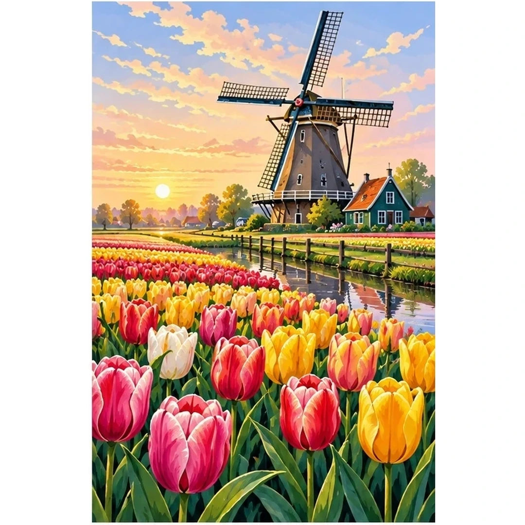 Tulip Windmill Sunset original artwork on white background