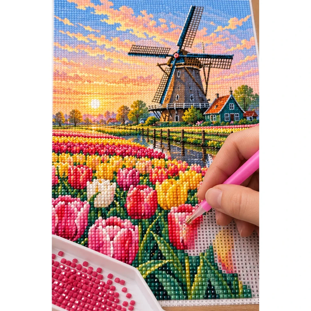 Tulip Windmill Sunset Diamond Painting Kit diamond placement process