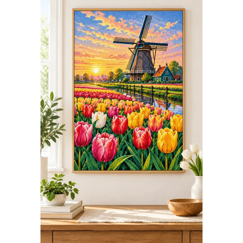 Tulip Windmill Sunset Diamond Painting Kit home decor scene