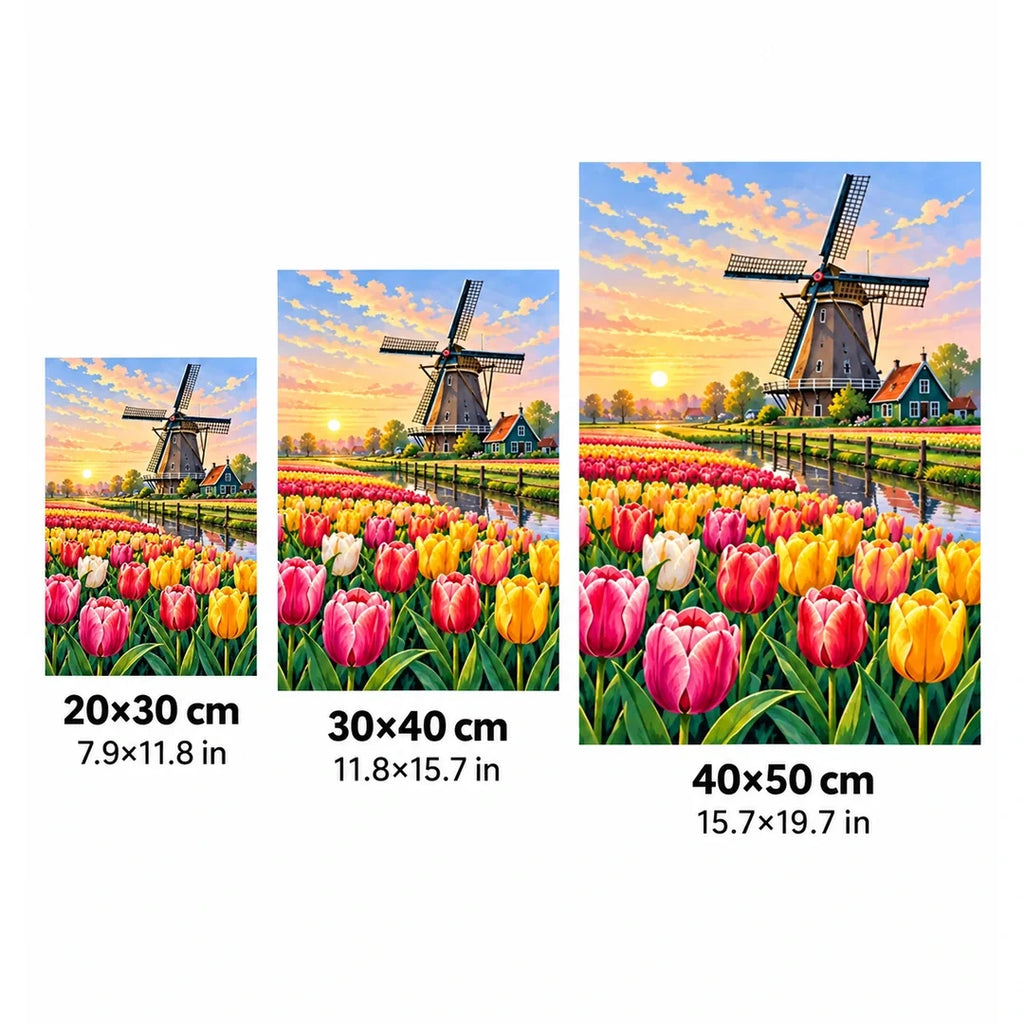 Tulip Windmill Sunset Diamond Painting Kit size guide