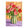Pink tulips arranged in a green striped pitcher: original artwork on a white background