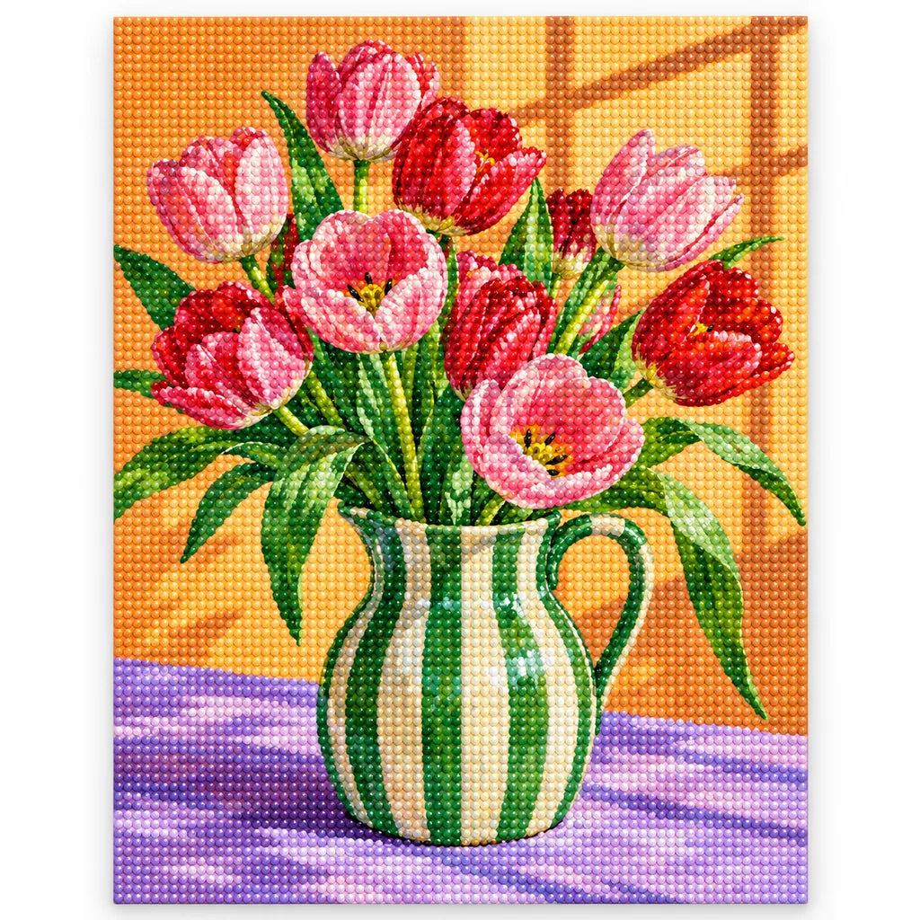 Pink tulips arranged in a green striped pitcher: finished diamond painting on a white background