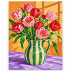 Pink tulips arranged in a green striped pitcher: finished diamond painting on a white background