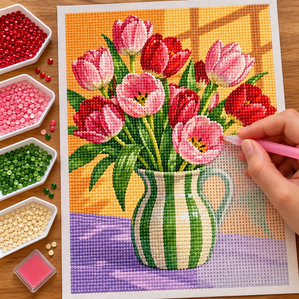 Pink tulips arranged in a green striped pitcher: diamond painting being completed with a pen