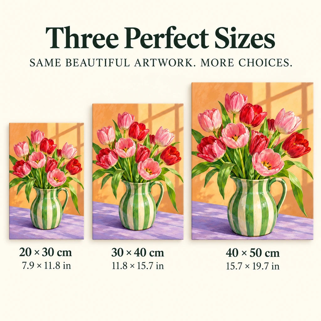 Pink tulips arranged in a green striped pitcher: size guide showing three available dimensions