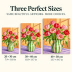 Pink tulips arranged in a green striped pitcher: size guide showing three available dimensions
