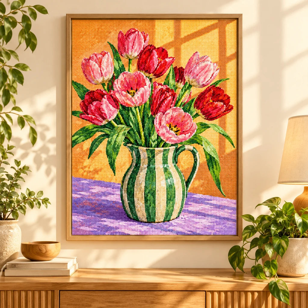 Pink tulips arranged in a green striped pitcher: diamond painting displayed as home wall decor