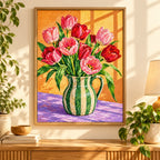 Pink tulips arranged in a green striped pitcher: diamond painting displayed as home wall decor