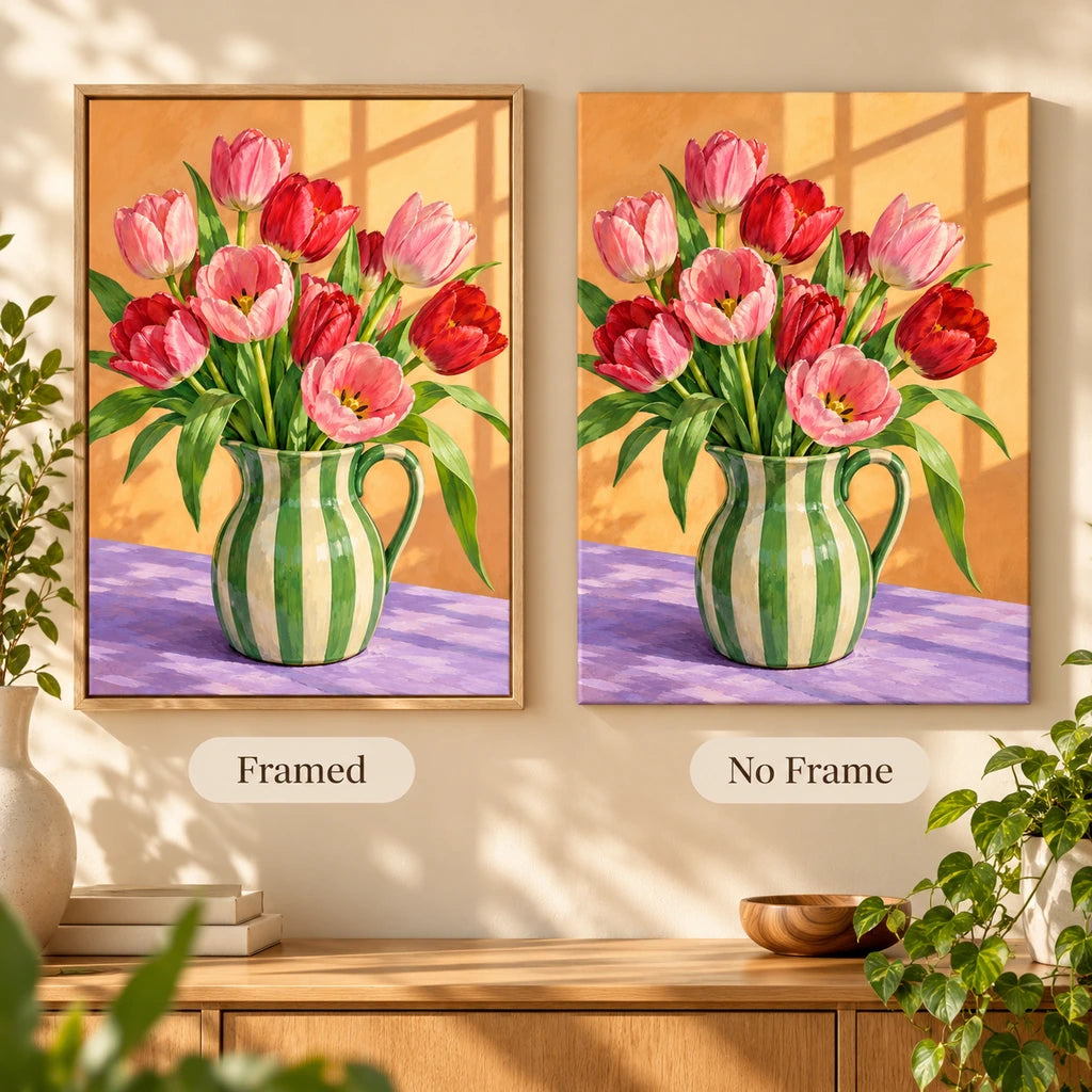 Pink tulips arranged in a green striped pitcher: framed and no-frame style comparison