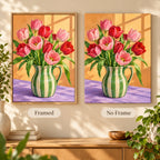 Pink tulips arranged in a green striped pitcher: framed and no-frame style comparison