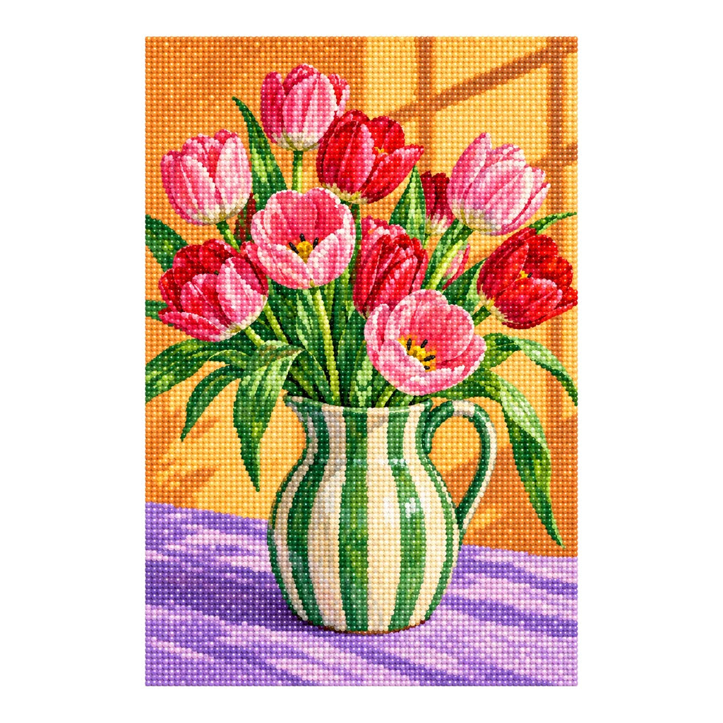 Pink tulips arranged in a green striped pitcher: finished diamond painting on a white background