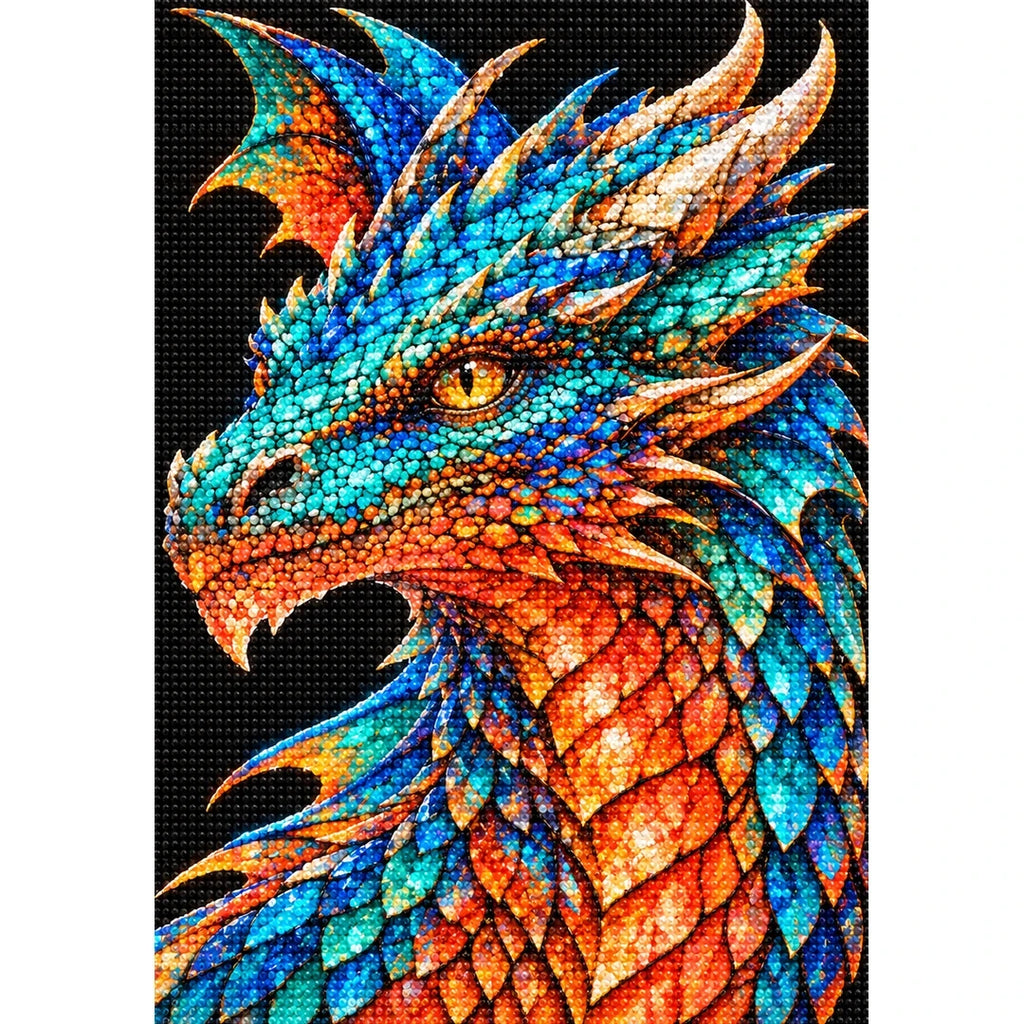 Turquoise Coral Mosaic Dragon finished diamond painting on white background