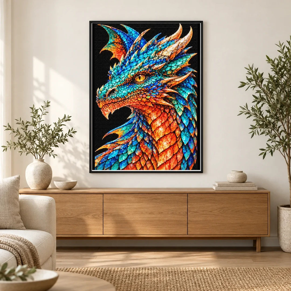 Turquoise Coral Mosaic Dragon finished diamond painting in a home interior