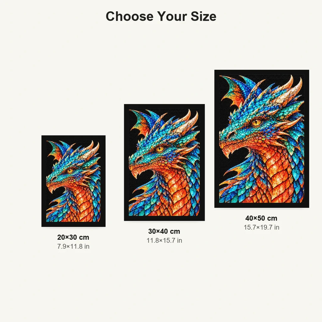 Turquoise Coral Mosaic Dragon 20 by 30, 30 by 40, and 40 by 50 centimeter size guide