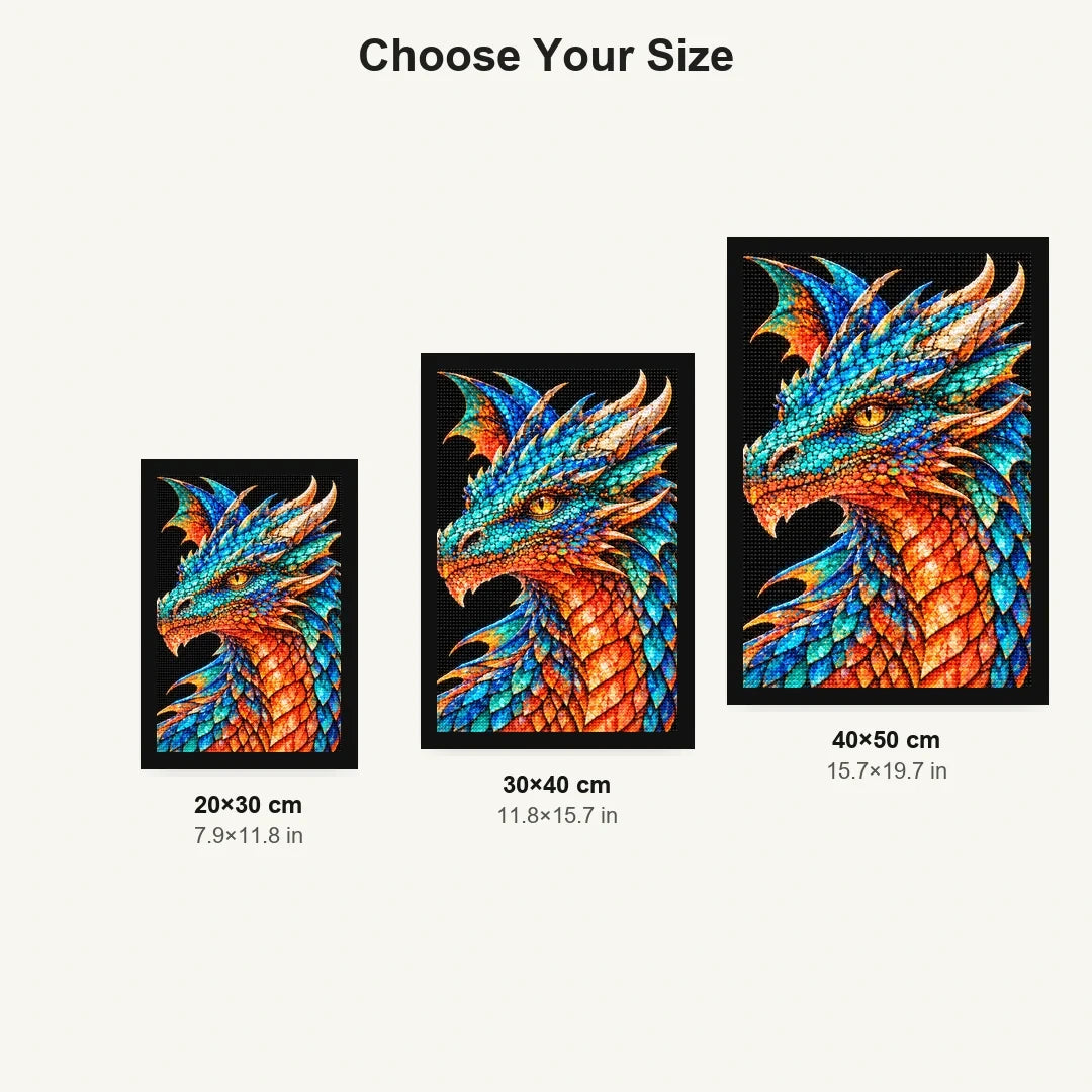 Turquoise Coral Mosaic Dragon 20 by 30, 30 by 40, and 40 by 50 centimeter size guide
