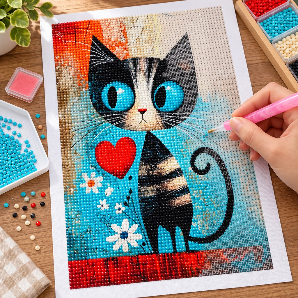 Turquoise Heart Cat Diamond Painting Kit finished white-background