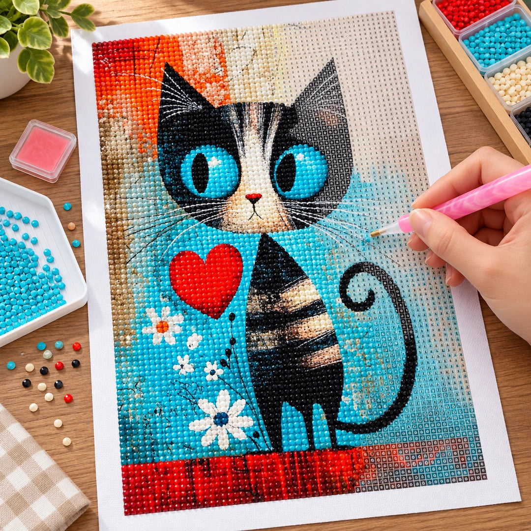 Turquoise Heart Cat Diamond Painting Kit finished white-background