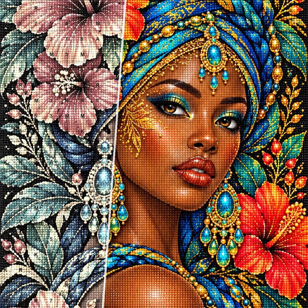 Turquoise Hibiscus Queen diamond drill and canvas detail