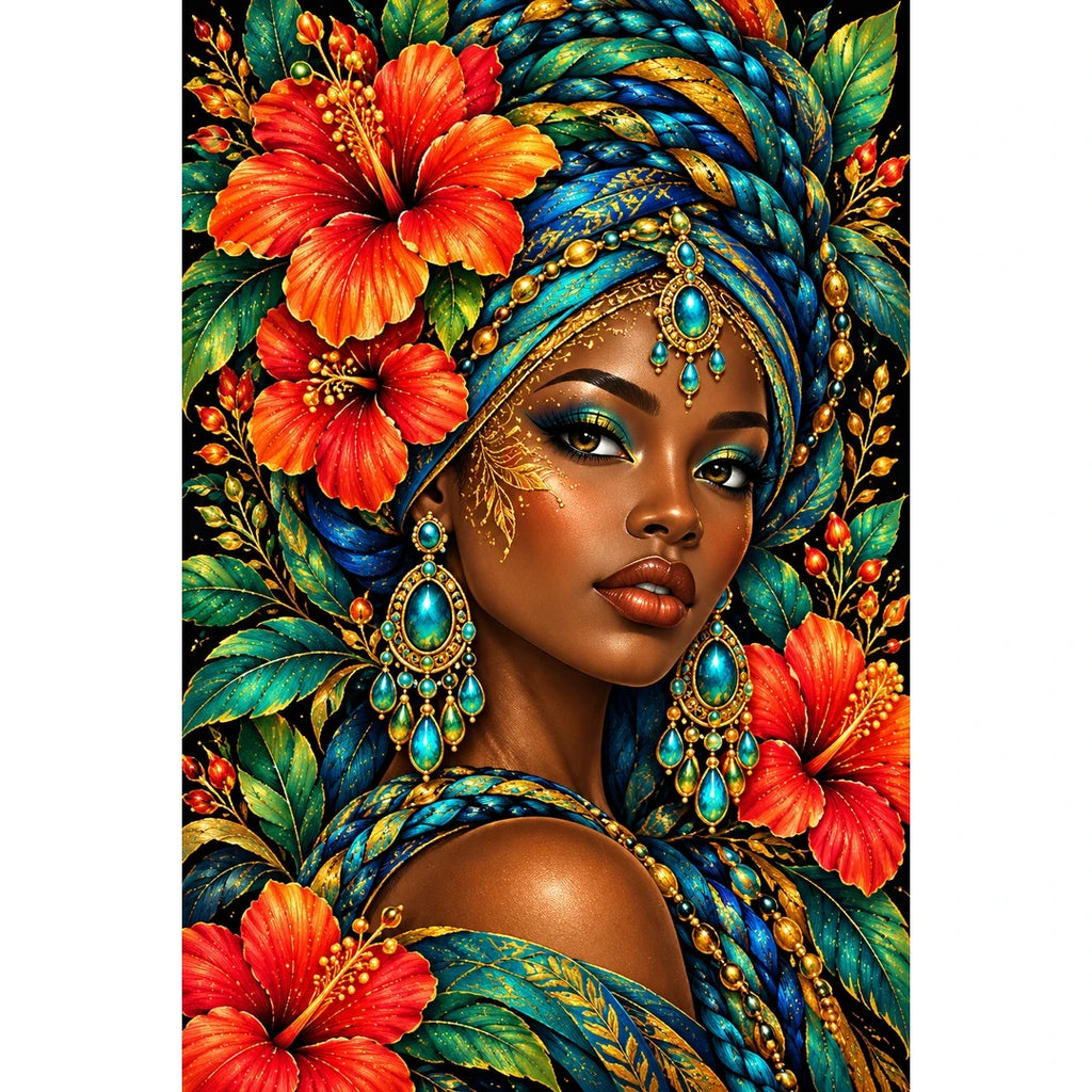 Turquoise Hibiscus Queen finished diamond painting on white background