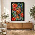 Turquoise Hibiscus Queen finished diamond painting in a home interior