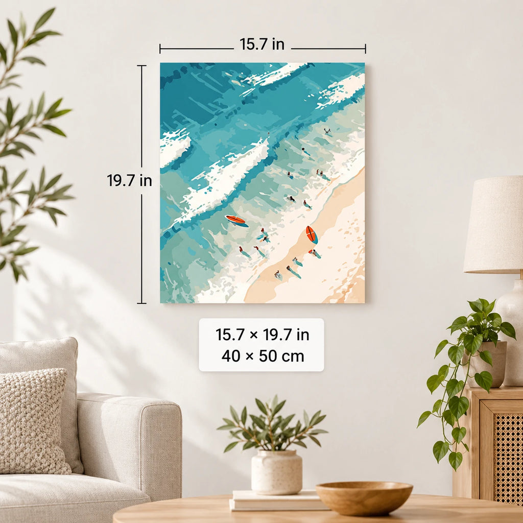 Turquoise Shoreline Aerial shown in a styled room with 15.7 x 19.7 in and 40 x 50 cm dimensions