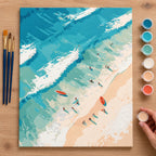 Complete Turquoise Shoreline Aerial numbered canvas being painted with acrylic paints and brushes