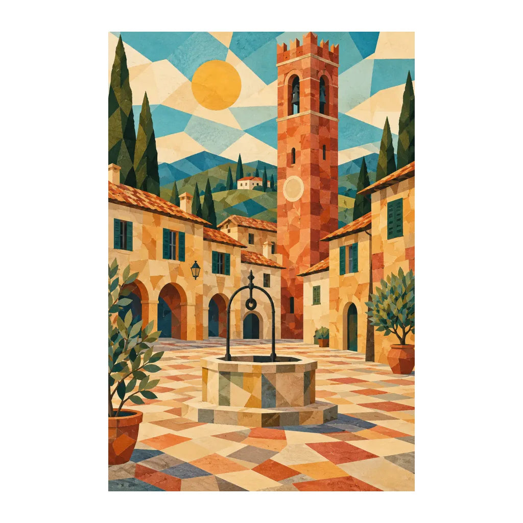 White-background original artwork of a Tuscan church street with brick bell tower and patterned piazza