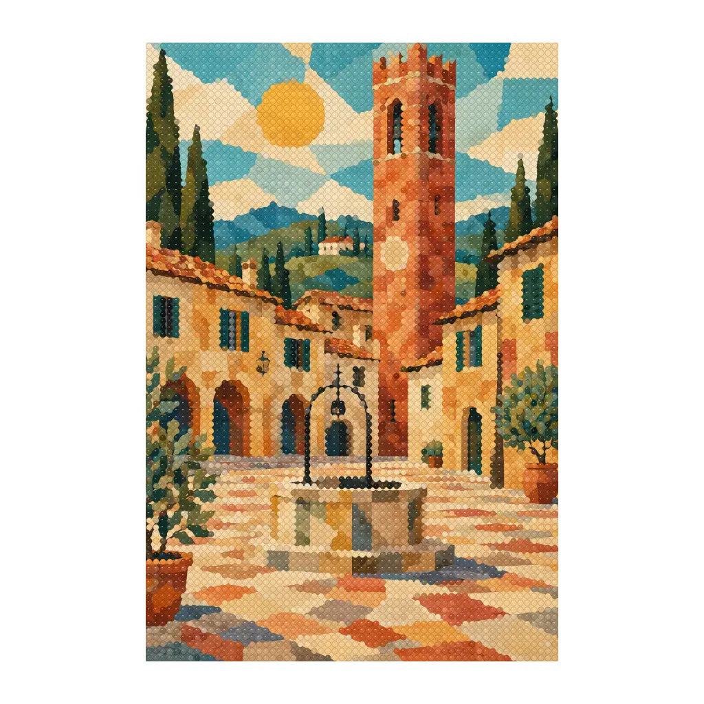 White-background finished diamond painting of a Tuscan village church and colorful plaza